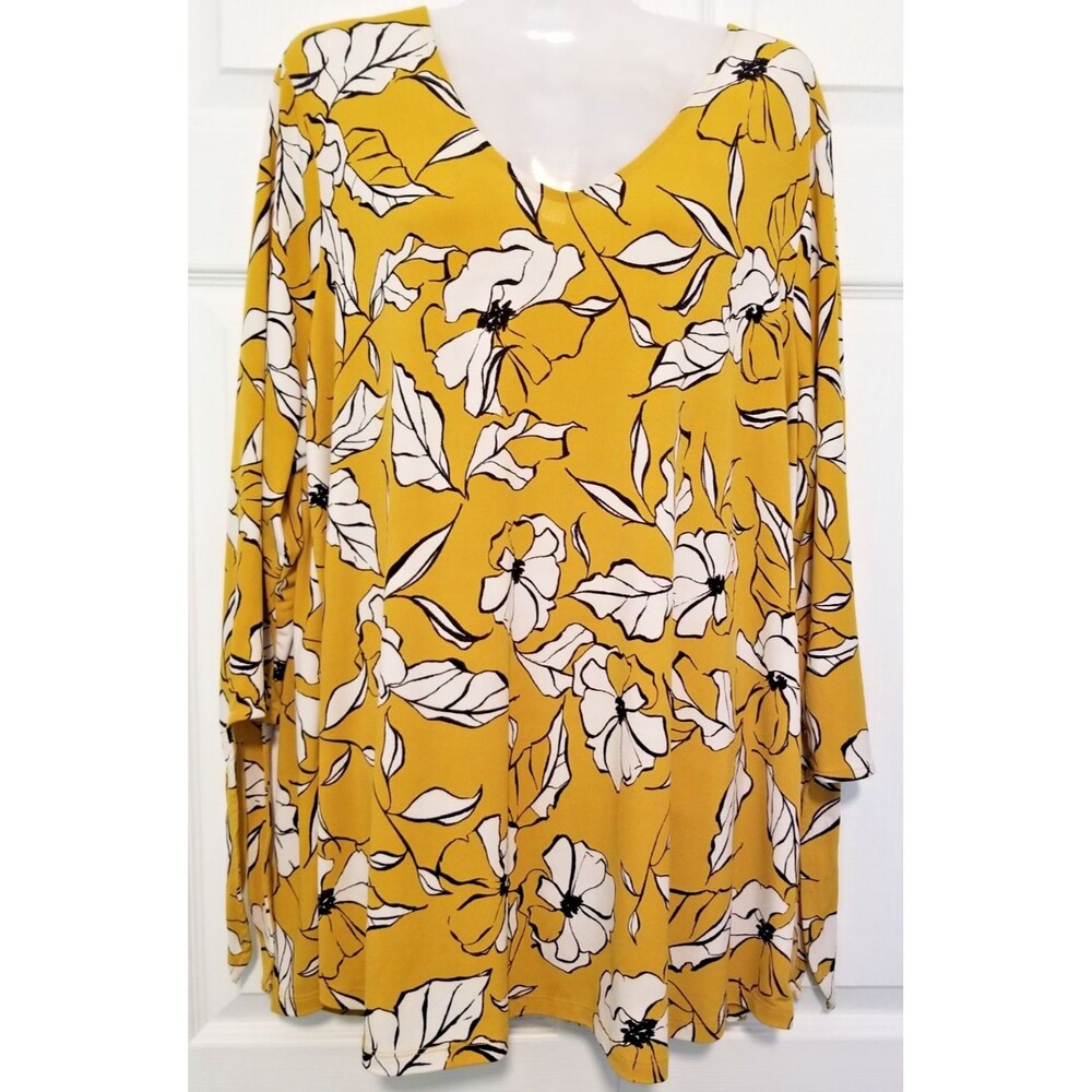 Alfani Women's Top Floral Design Liquid Knit 3/4 Tie Edge Sleeve Size 1X